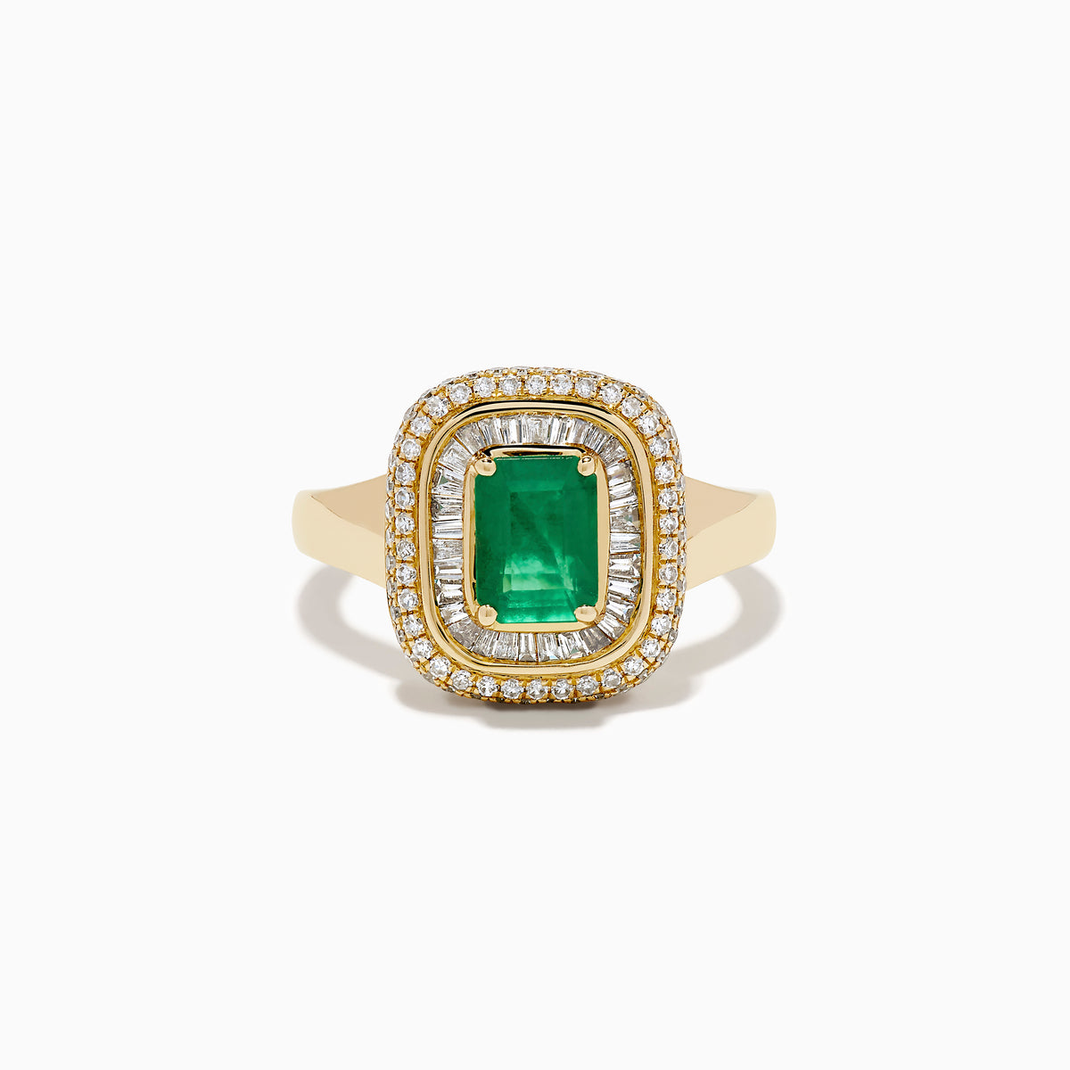 The 14K Yellow Gold Emerald and Diamond Double Halo Ring features an emerald-cut green gemstone at the center, framed by two rows of round and baguette diamonds in a rectangular halo setting.