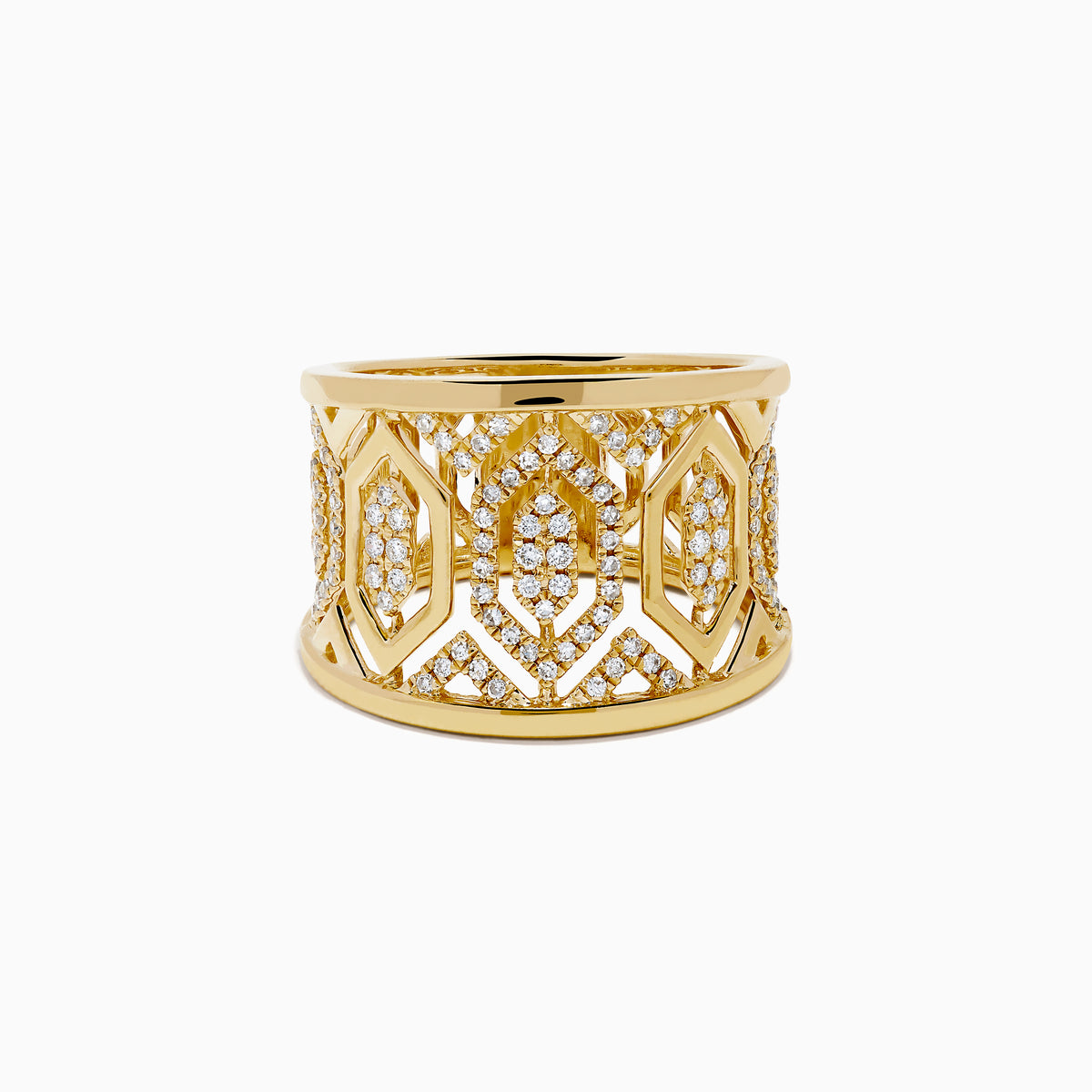 The D'Oro 14K Yellow Gold Geometric Diamond Ring features a wide band with intricate geometric patterns set with sparkling white diamonds, offering an ornate and luxurious look.