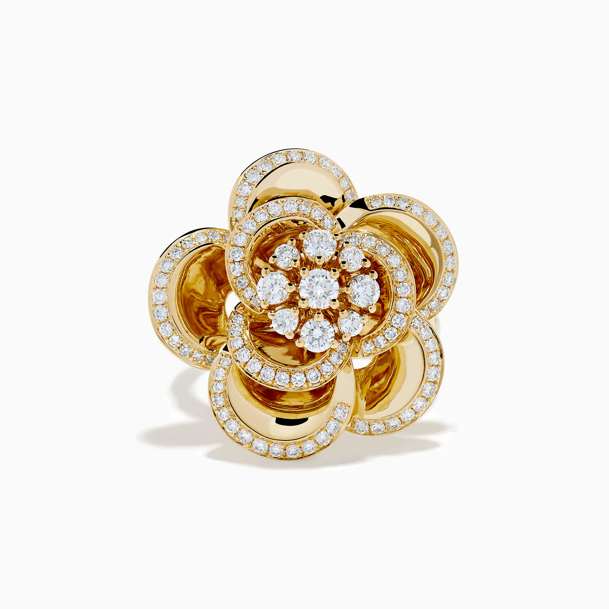 The 14K Yellow Gold Diamond Pave Bloom Ring features a flower design with overlapping diamond-outlined petals and larger center diamonds, showcased on a white background.