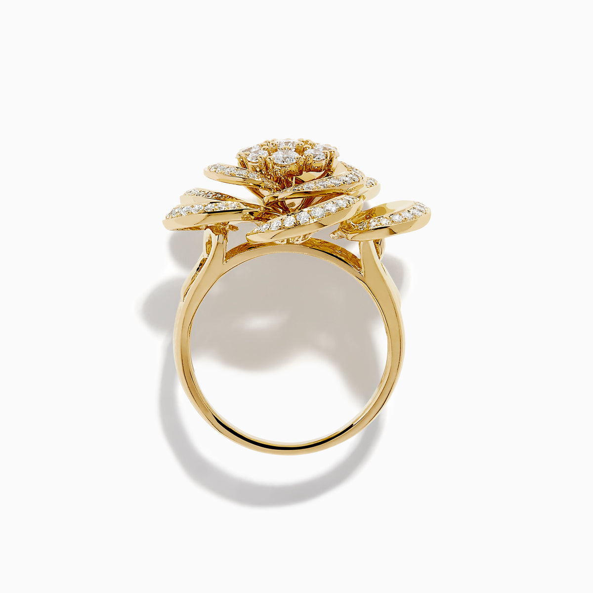 The 14K Yellow Gold Diamond Pave Bloom Ring features a flower design with overlapping diamond-outlined petals and larger center diamonds, showcased on a white background.