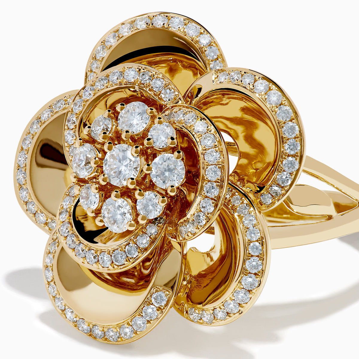 The 14K Yellow Gold Diamond Pave Bloom Ring features a flower design with overlapping diamond-outlined petals and larger center diamonds, showcased on a white background.