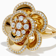The 14K Yellow Gold Diamond Pave Bloom Ring features a flower design with overlapping diamond-outlined petals and larger center diamonds, showcased on a white background.