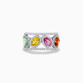 The Watercolors 14K White Gold Multi Sapphire and Diamond Band showcases five large, oval sapphires in green, yellow, pink, orange, and red, each encircled by diamonds on a striking double band.