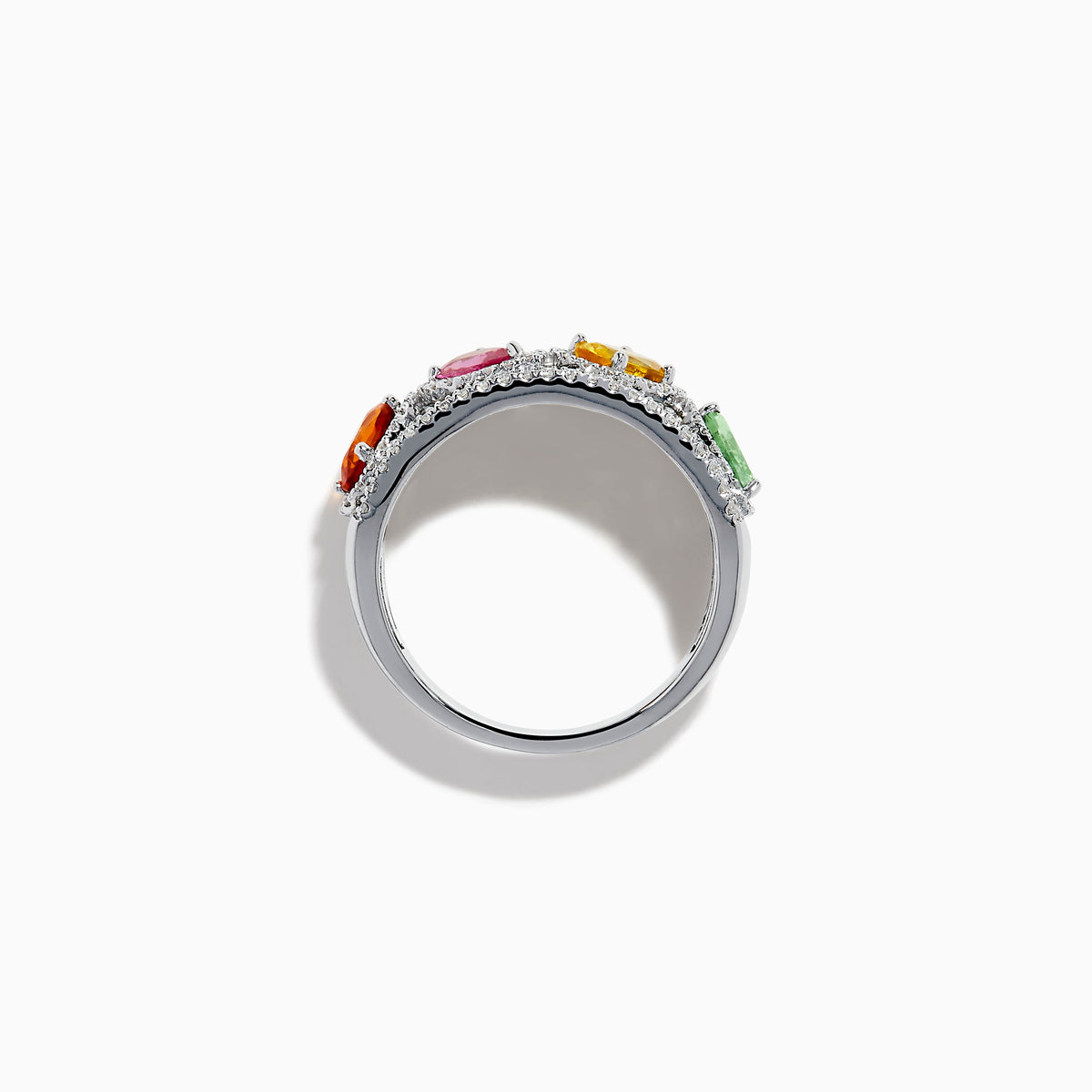 The Watercolors 14K White Gold Multi Sapphire and Diamond Band showcases five large, oval sapphires in green, yellow, pink, orange, and red, each encircled by diamonds on a striking double band.