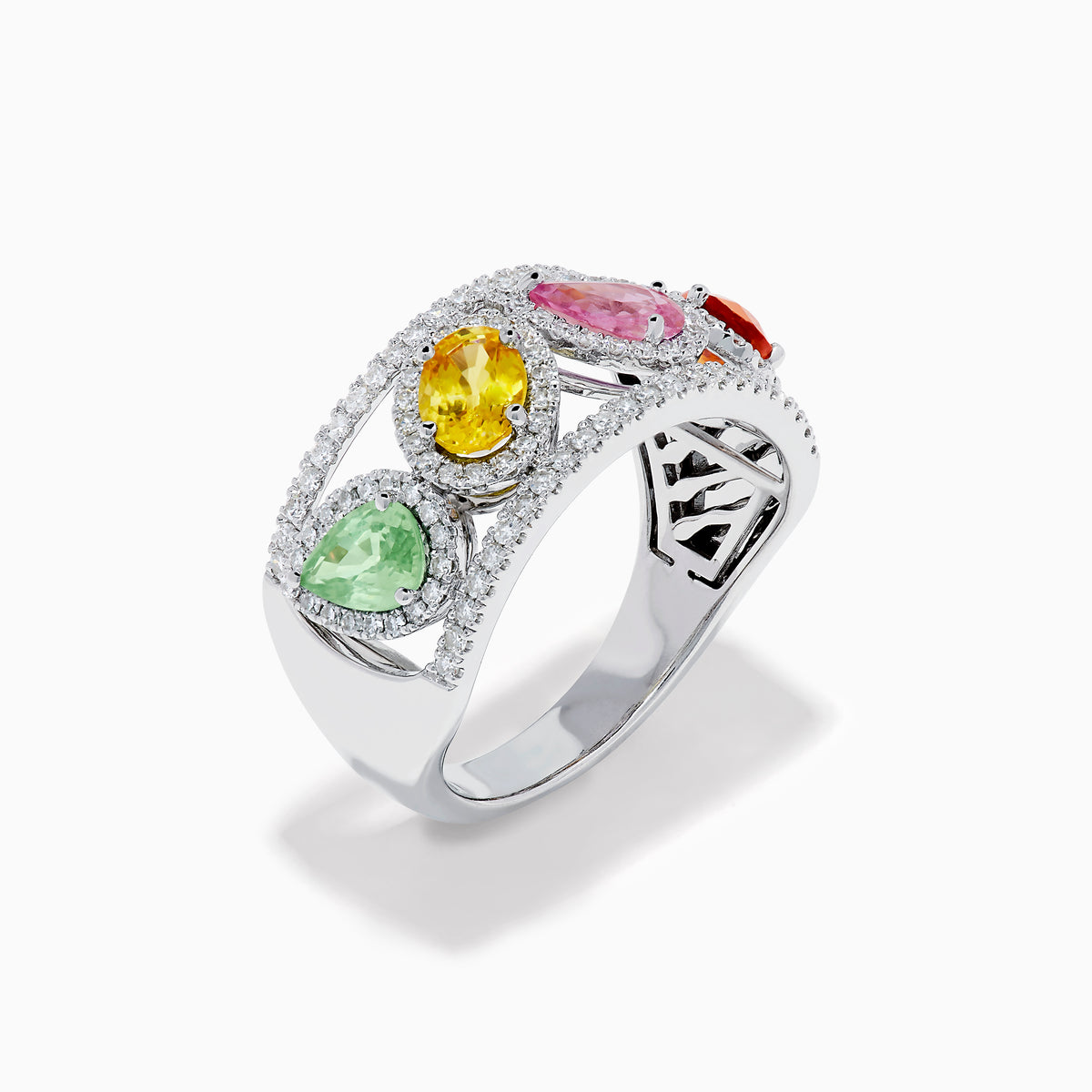 The Watercolors 14K White Gold Multi Sapphire and Diamond Band showcases five large, oval sapphires in green, yellow, pink, orange, and red, each encircled by diamonds on a striking double band.