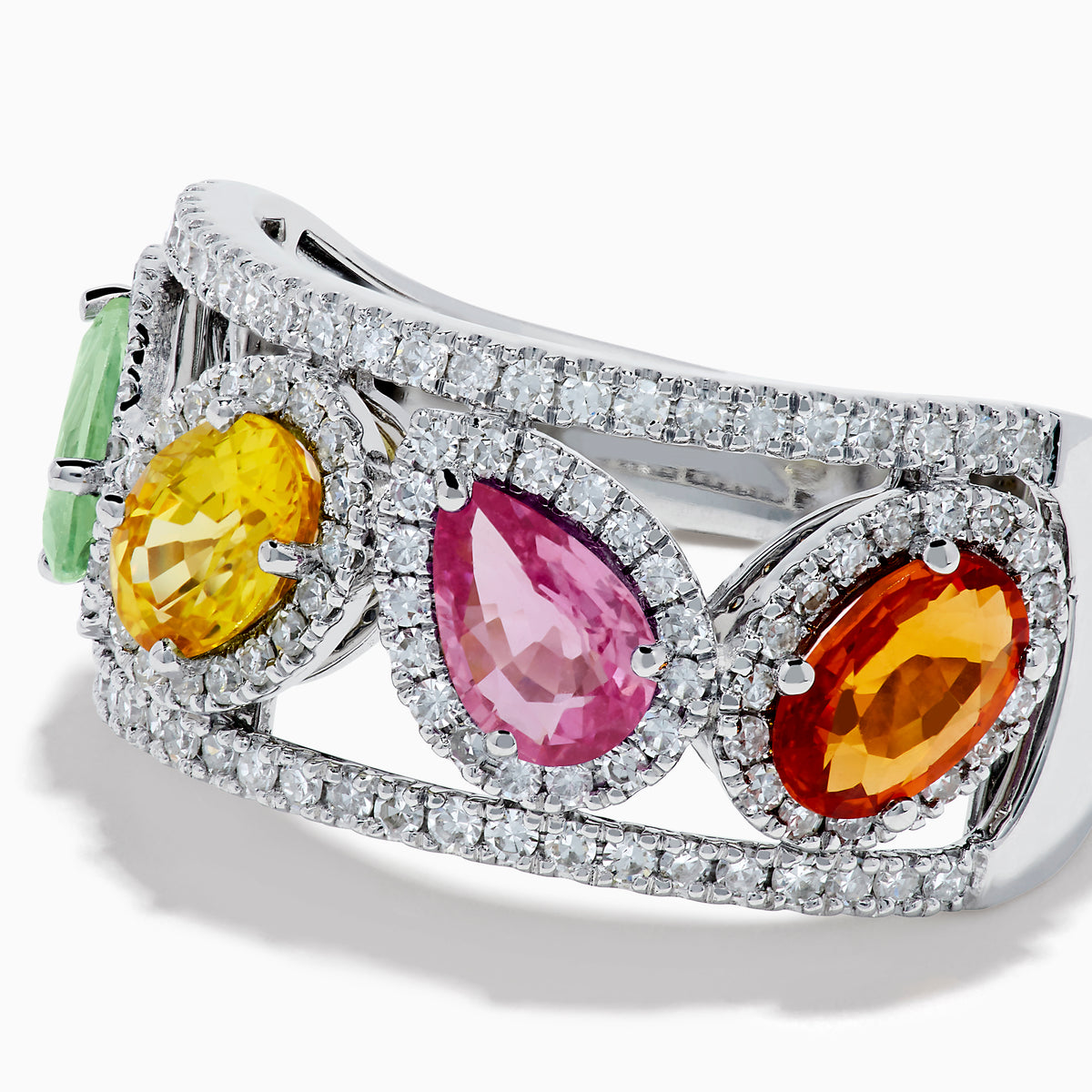 The Watercolors 14K White Gold Multi Sapphire and Diamond Band showcases five large, oval sapphires in green, yellow, pink, orange, and red, each encircled by diamonds on a striking double band.