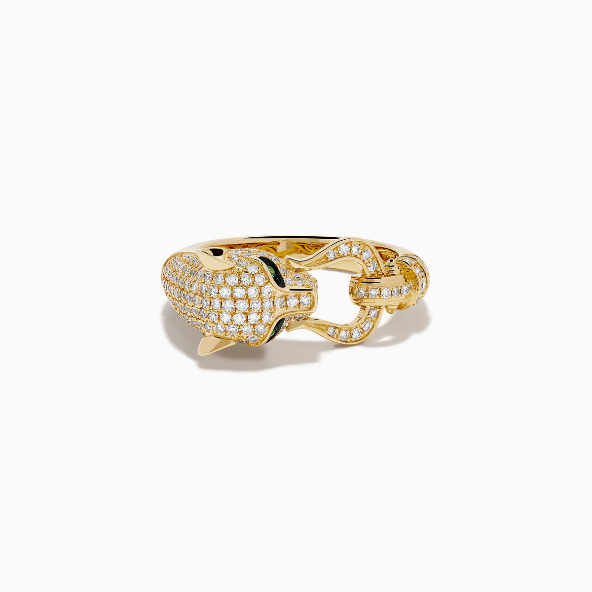 The Signature 14K Yellow Gold Diamond Panther Ring features a panther’s head with diamond accents, green gemstone eyes, black detailing, and a ring held in its mouth.