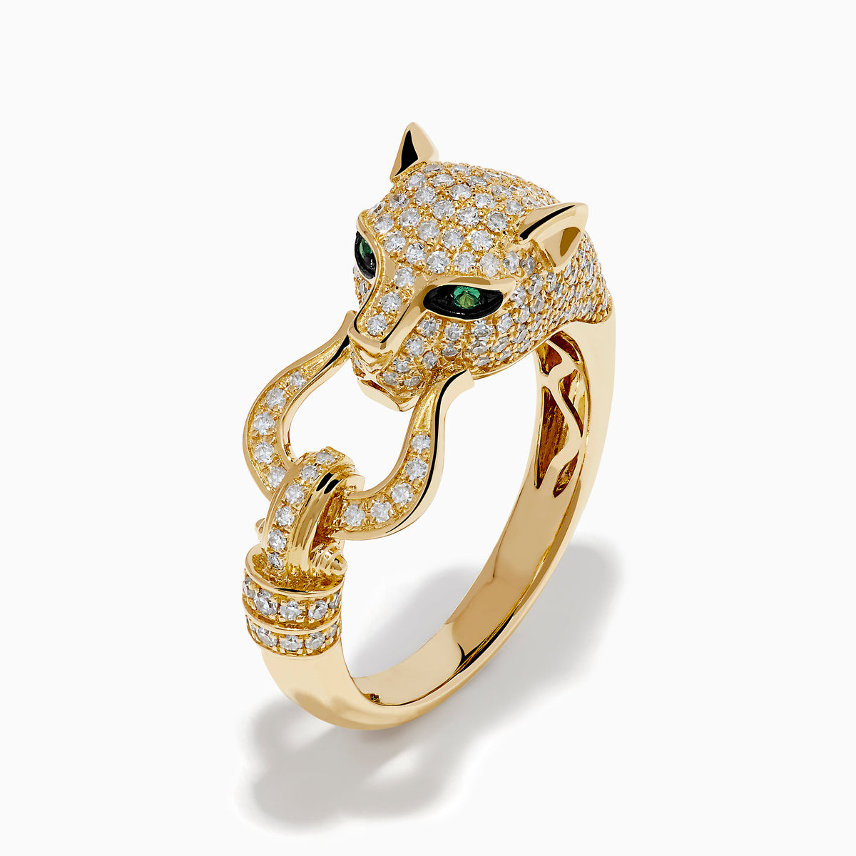 The Signature 14K Yellow Gold Diamond Panther Ring features a panther’s head with diamond accents, green gemstone eyes, black detailing, and a ring held in its mouth.