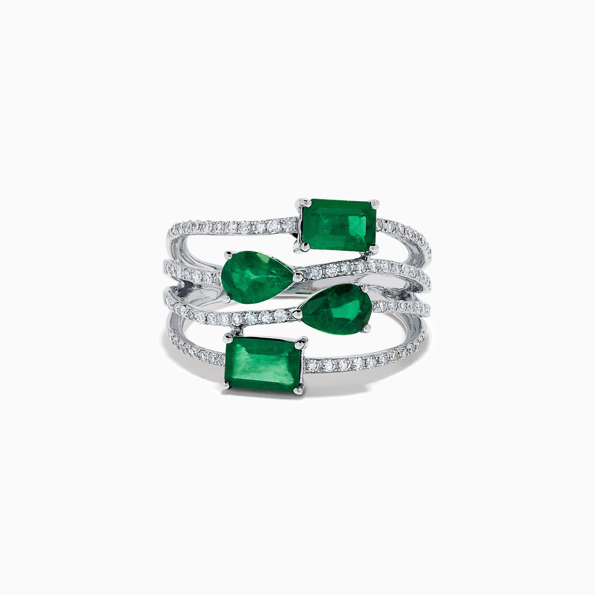 The 14K White Gold Emerald and Diamond Open Multi Row Ring showcases three bands set with diamonds and accented by large rectangular, square, and teardrop-shaped emeralds for a dazzling effect.