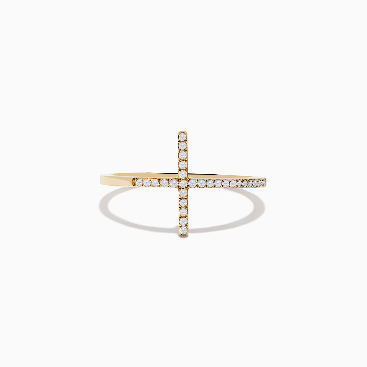 The Novelty 14K Yellow Gold Diamond Cross Ring features a large horizontal cross design set with small white diamonds, showcased on a plain white background. A stunning statement piece for any occasion.