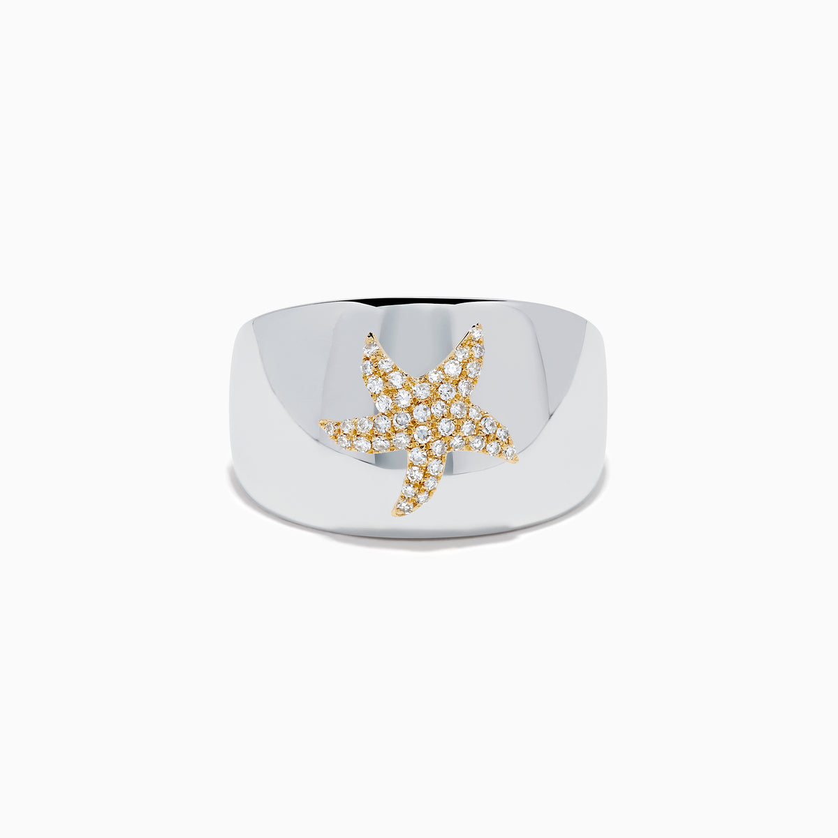 The Sterling Silver and 14K Yellow Gold Plated Diamond Starfish Ring showcases a gold-plated starfish adorned with sparkling white stones, set on a wide sterling silver band and displayed against a plain white background.