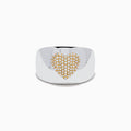 The 925 Sterling Silver with 14K Yellow Gold Plating Diamond Heart Wide Band Ring showcases a gold-plated diamond heart centerpiece, accented with sparkling diamonds, displayed on a white background.