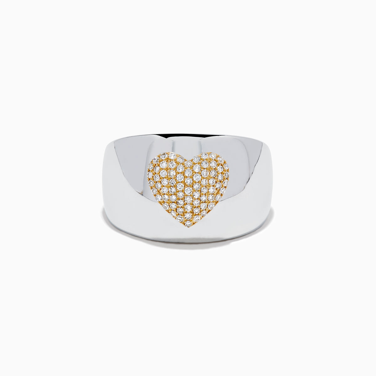 The 925 Sterling Silver with 14K Yellow Gold Plating Diamond Heart Wide Band Ring showcases a gold-plated diamond heart centerpiece, accented with sparkling diamonds, displayed on a white background.
