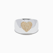 The 925 Sterling Silver with 14K Yellow Gold Plating Diamond Heart Wide Band Ring showcases a gold-plated diamond heart centerpiece, accented with sparkling diamonds, displayed on a white background.