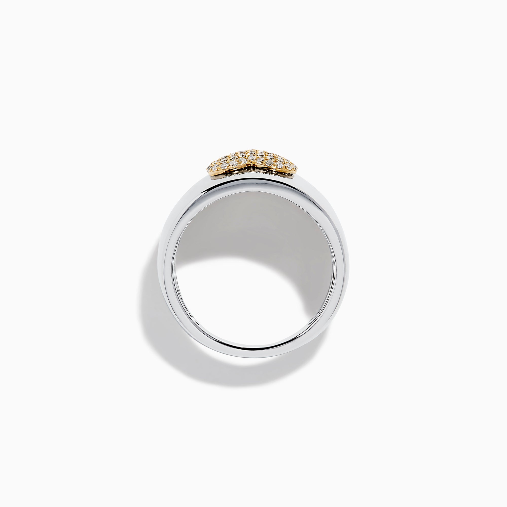 The 925 Sterling Silver with 14K Yellow Gold Plating Diamond Heart Wide Band Ring showcases a gold-plated diamond heart centerpiece, accented with sparkling diamonds, displayed on a white background.