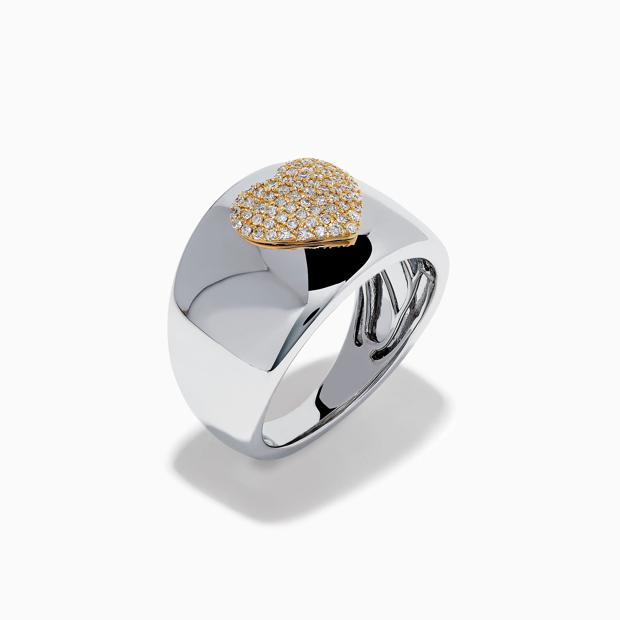 The 925 Sterling Silver with 14K Yellow Gold Plating Diamond Heart Wide Band Ring showcases a gold-plated diamond heart centerpiece, accented with sparkling diamonds, displayed on a white background.