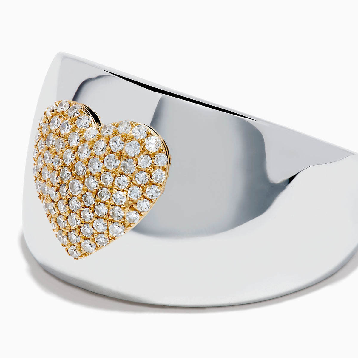 The 925 Sterling Silver with 14K Yellow Gold Plating Diamond Heart Wide Band Ring showcases a gold-plated diamond heart centerpiece, accented with sparkling diamonds, displayed on a white background.
