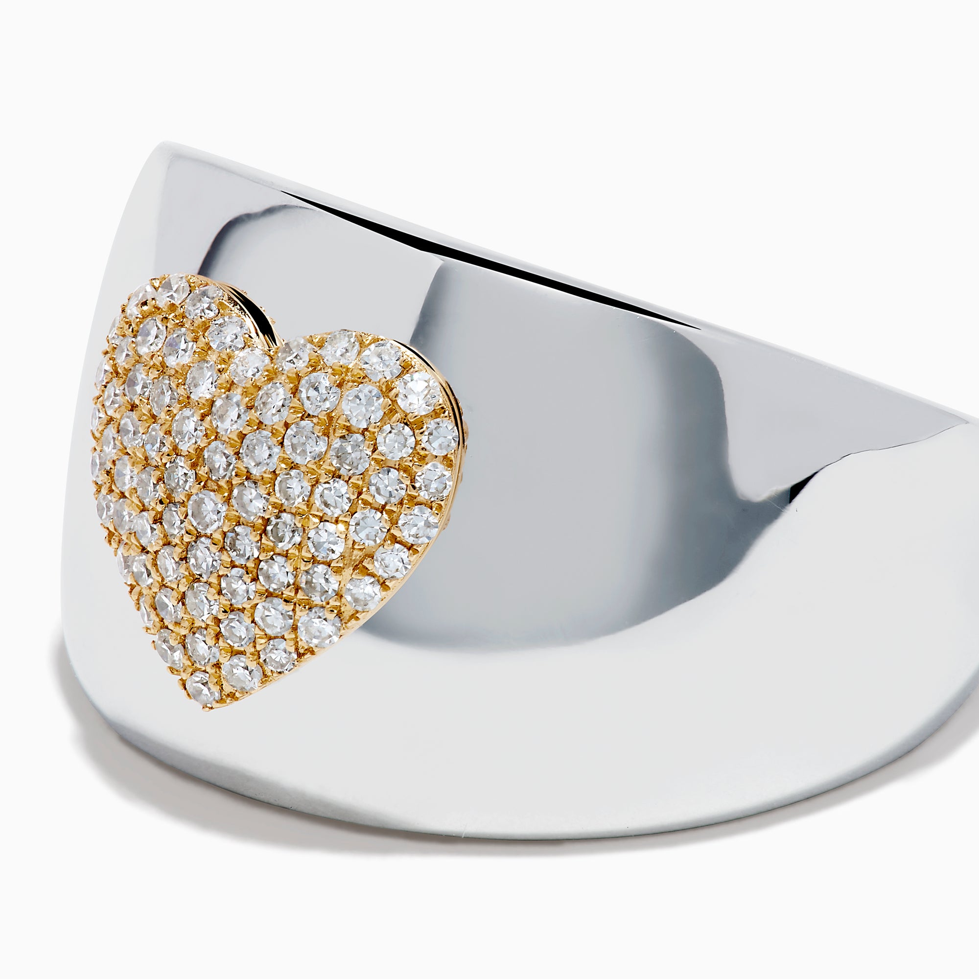 The 925 Sterling Silver with 14K Yellow Gold Plating Diamond Heart Wide Band Ring showcases a gold-plated diamond heart centerpiece, accented with sparkling diamonds, displayed on a white background.