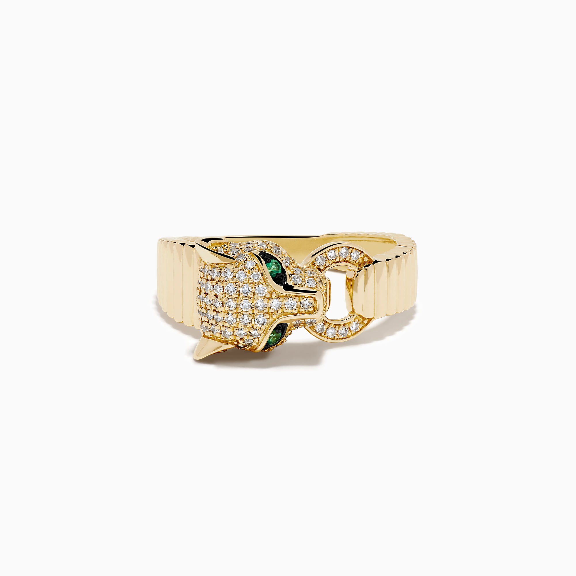 The Signature 14K Yellow Gold Diamond and Emerald Panther Ring features a sculpted panther head with diamond pavé, vivid emerald eyes, and a hoop in its mouth, all set on a ribbed yellow gold band.