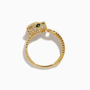 The Signature 14K Yellow Gold Diamond and Emerald Panther Ring features a sculpted panther head with diamond pavé, vivid emerald eyes, and a hoop in its mouth, all set on a ribbed yellow gold band.