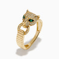 The Signature 14K Yellow Gold Diamond and Emerald Panther Ring features a sculpted panther head with diamond pavé, vivid emerald eyes, and a hoop in its mouth, all set on a ribbed yellow gold band.