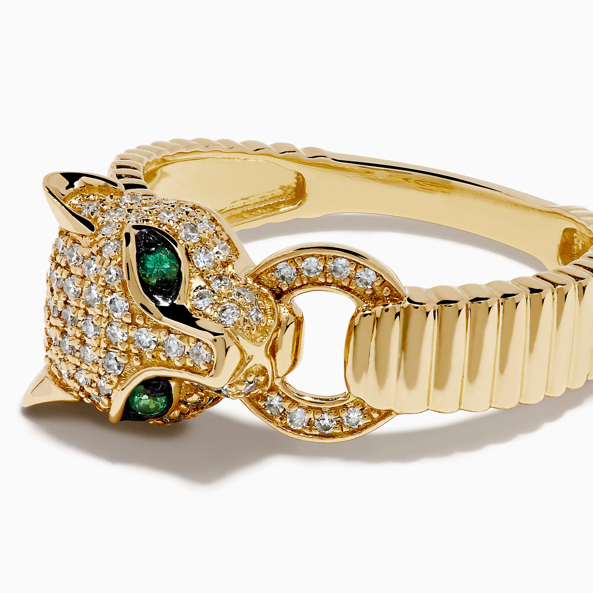 The Signature 14K Yellow Gold Diamond and Emerald Panther Ring features a sculpted panther head with diamond pavé, vivid emerald eyes, and a hoop in its mouth, all set on a ribbed yellow gold band.