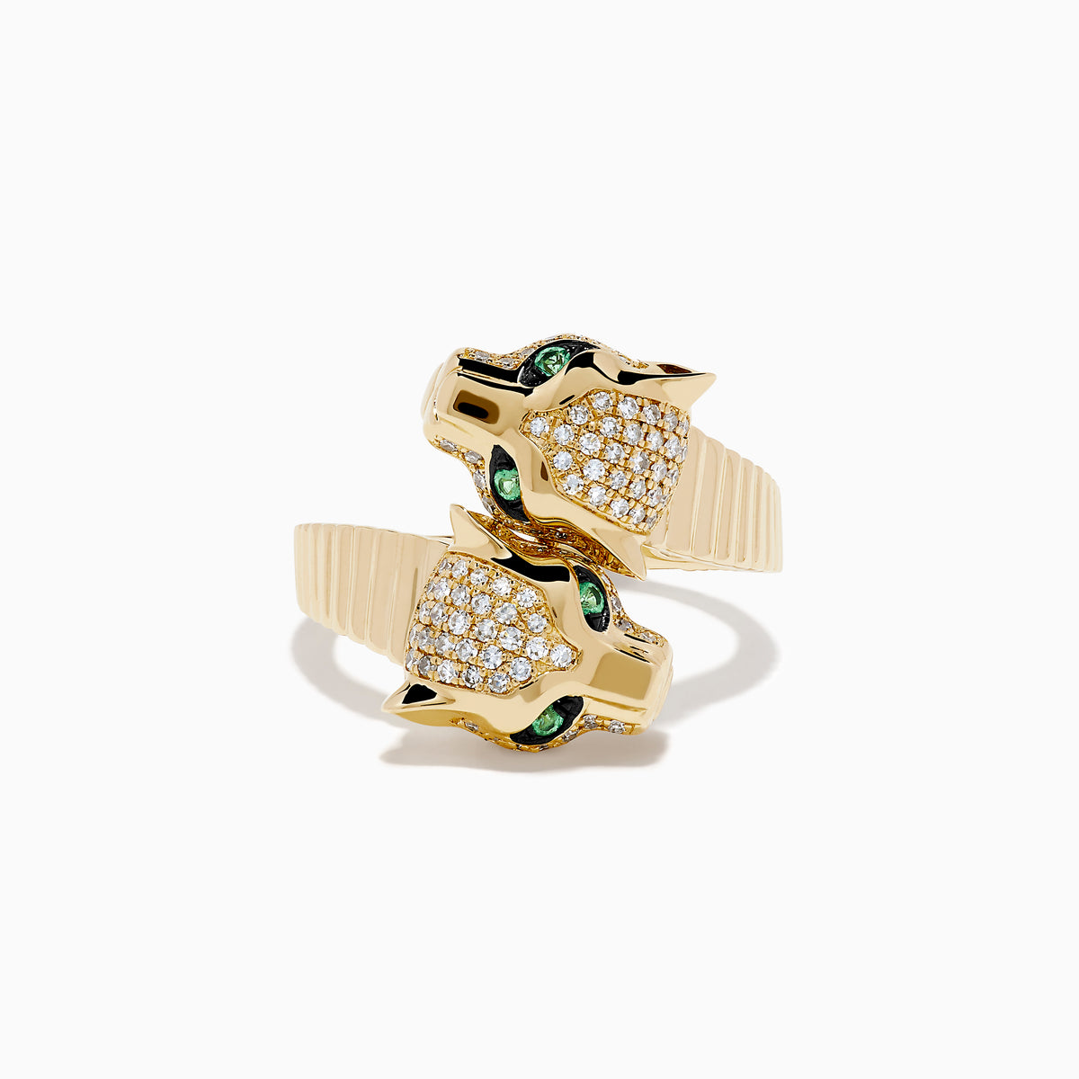 The Signature 14K Yellow Gold Diamond and Emerald Panther Bypass Ring features a panther head with emerald eyes, black enamel accents, and pavé diamonds on its face and band, set against a white background.