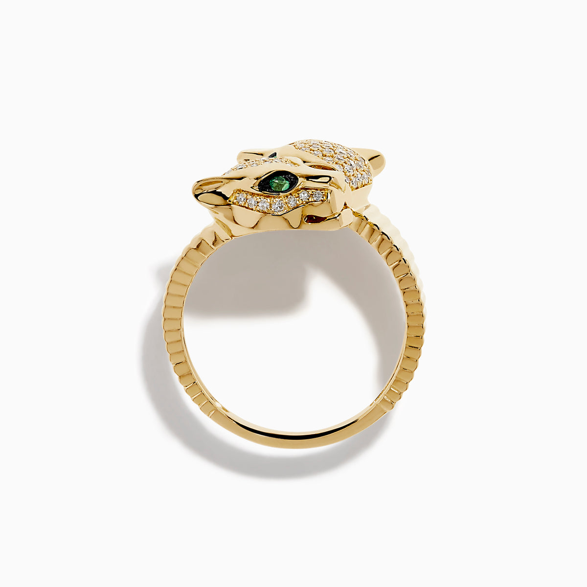 The Signature 14K Yellow Gold Diamond and Emerald Panther Bypass Ring features a panther head with emerald eyes, black enamel accents, and pavé diamonds on its face and band, set against a white background.