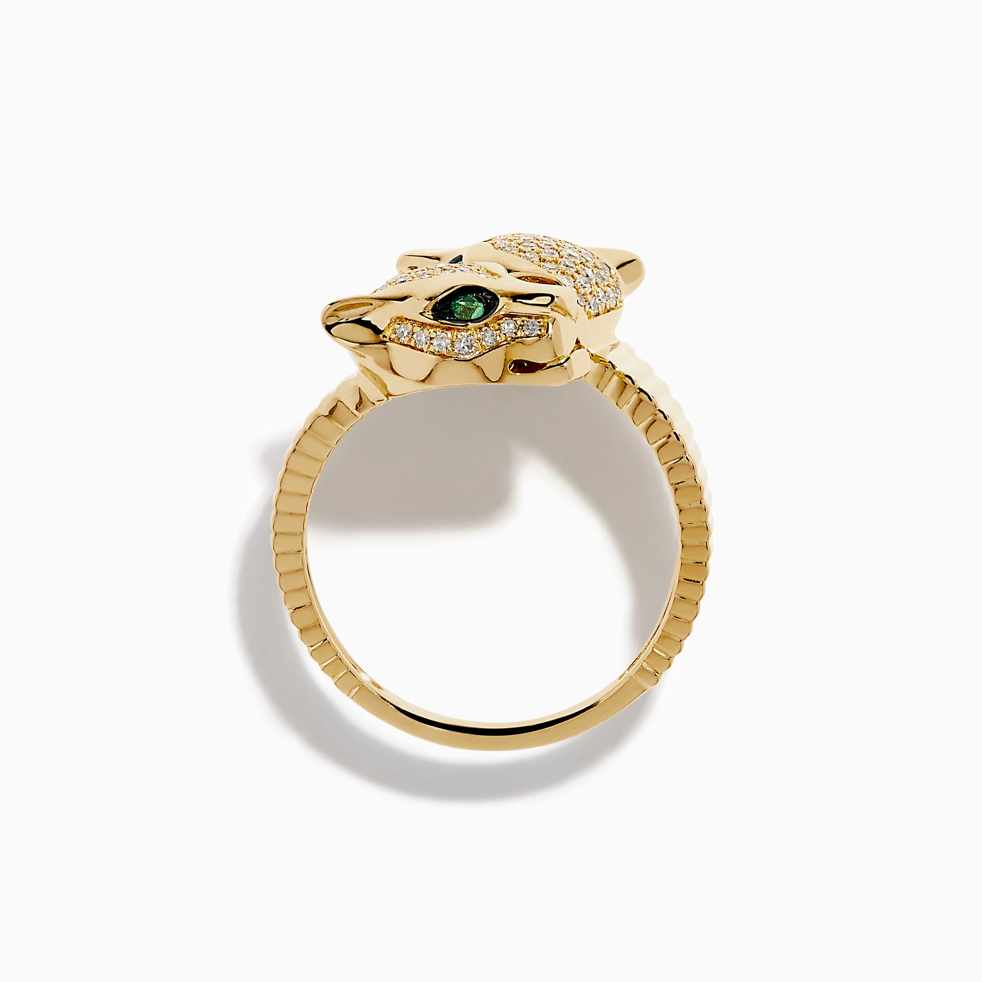 The Signature 14K Yellow Gold Diamond and Emerald Panther Bypass Ring features a panther head with emerald eyes, black enamel accents, and pavé diamonds on its face and band, set against a white background.