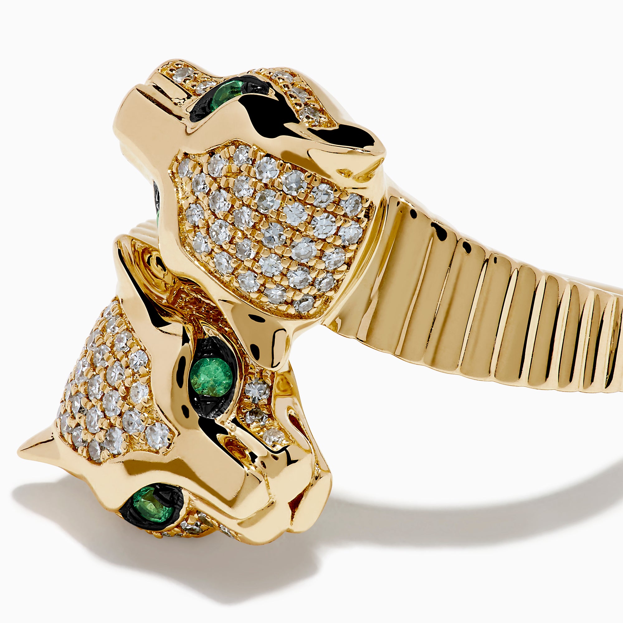 The Signature 14K Yellow Gold Diamond and Emerald Panther Bypass Ring features a panther head with emerald eyes, black enamel accents, and pavé diamonds on its face and band, set against a white background.