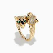 The Signature 14K Yellow Gold Diamond and Emerald Panther Bypass Ring features a panther head with emerald eyes, black enamel accents, and pavé diamonds on its face and band, set against a white background.