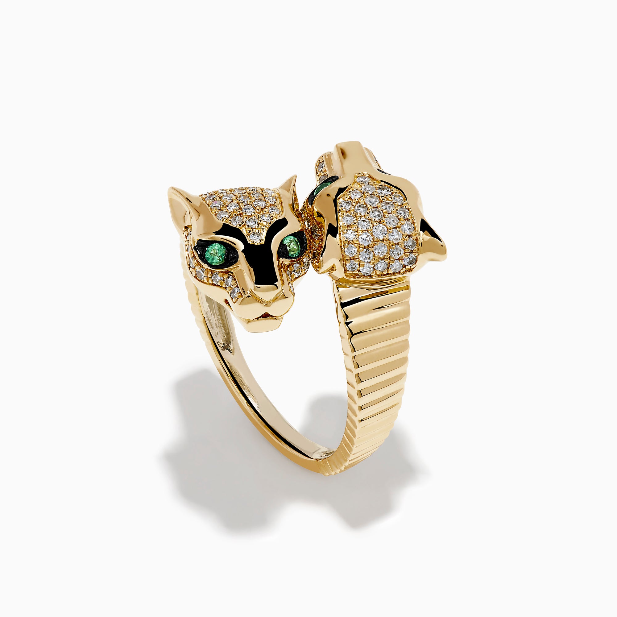 The Signature 14K Yellow Gold Diamond and Emerald Panther Bypass Ring features a panther head with emerald eyes, black enamel accents, and pavé diamonds on its face and band, set against a white background.