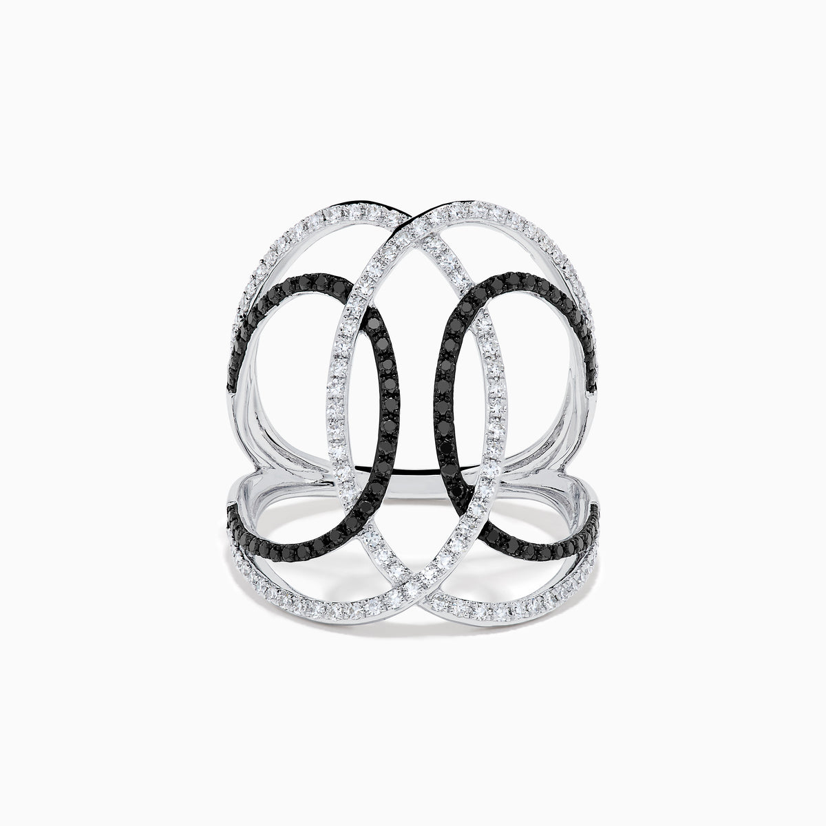 The 14K White Gold Black and White Diamond Intertwined Ring features interlocking ovals set with alternating rows of black and white diamonds, displayed on a plain white background.