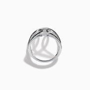 The 14K White Gold Black and White Diamond Intertwined Ring features interlocking ovals set with alternating rows of black and white diamonds, displayed on a plain white background.