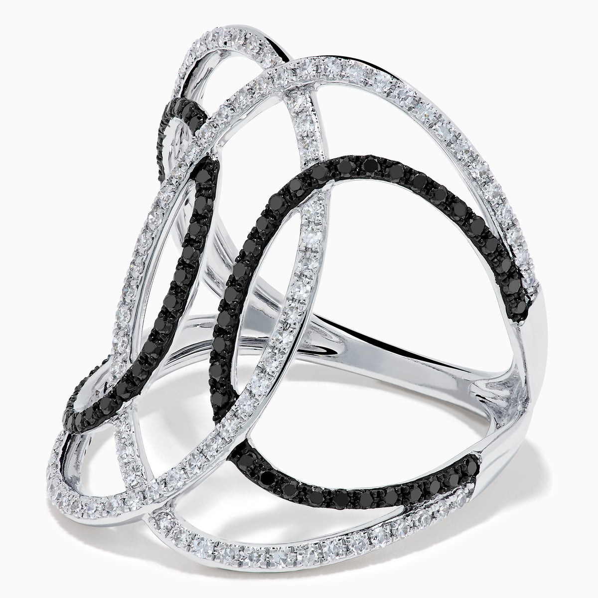 The 14K White Gold Black and White Diamond Intertwined Ring features interlocking ovals set with alternating rows of black and white diamonds, displayed on a plain white background.