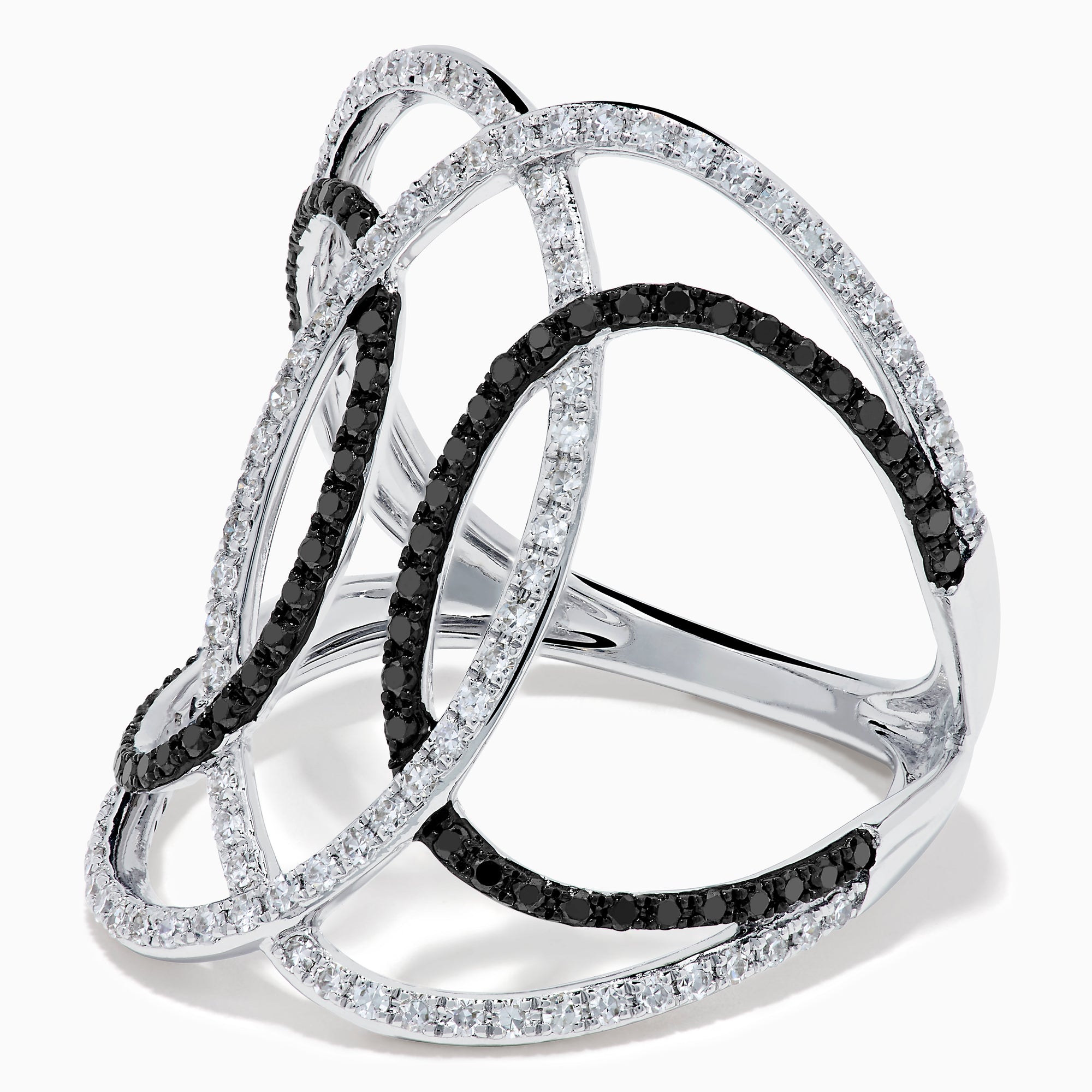 The 14K White Gold Black and White Diamond Intertwined Ring features interlocking ovals set with alternating rows of black and white diamonds, displayed on a plain white background.