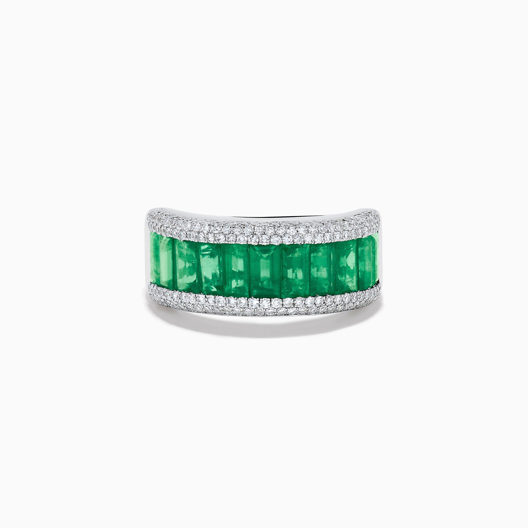 The 14K White Gold Emerald Baguette and Diamond Pavé Ring showcases a central row of emerald baguettes, flanked by rows of sparkling pavé diamonds on both sides.