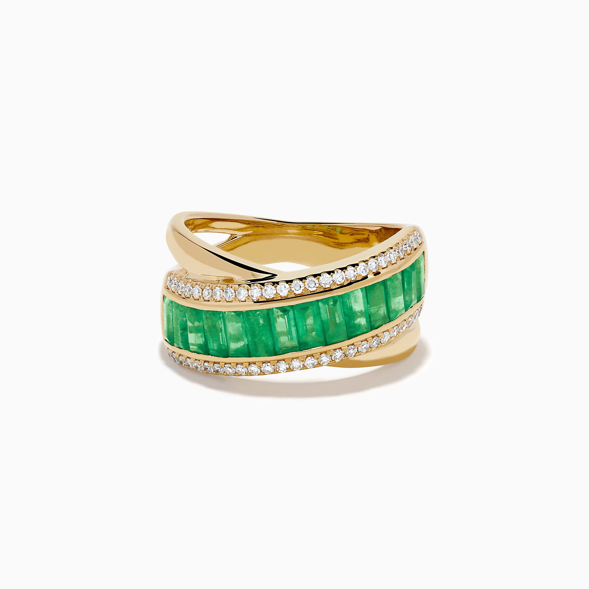 The 14K Yellow Gold Emerald and Diamond Crossover Ring features a central row of rectangular emeralds bordered by rows of sparkling white diamonds in an elegant crisscross design.