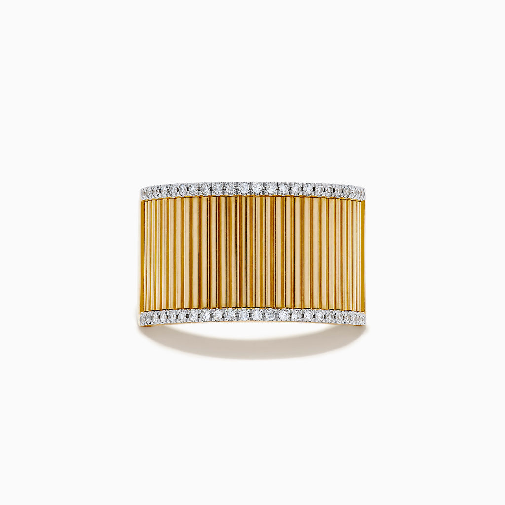 The DOro 14K Yellow Gold Diamond Wide Band Ring showcases vertical ridges and rows of sparkling diamonds adorning its top and bottom edges.