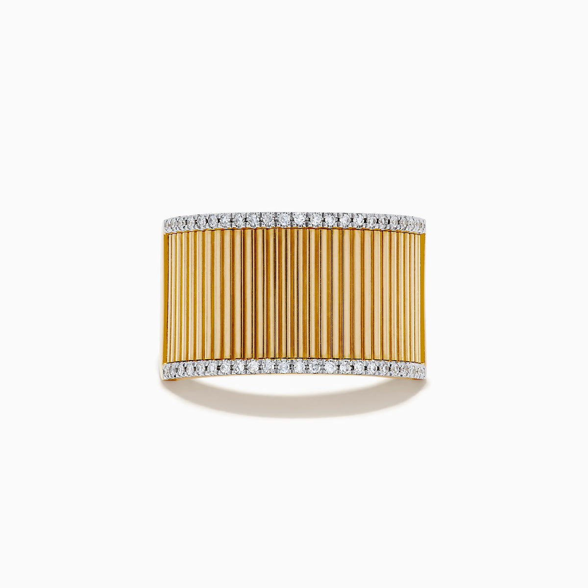 The DOro 14K Yellow Gold Diamond Wide Band Ring showcases vertical ridges and rows of sparkling diamonds adorning its top and bottom edges.