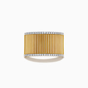 The DOro 14K Yellow Gold Diamond Wide Band Ring showcases vertical ridges and rows of sparkling diamonds adorning its top and bottom edges.
