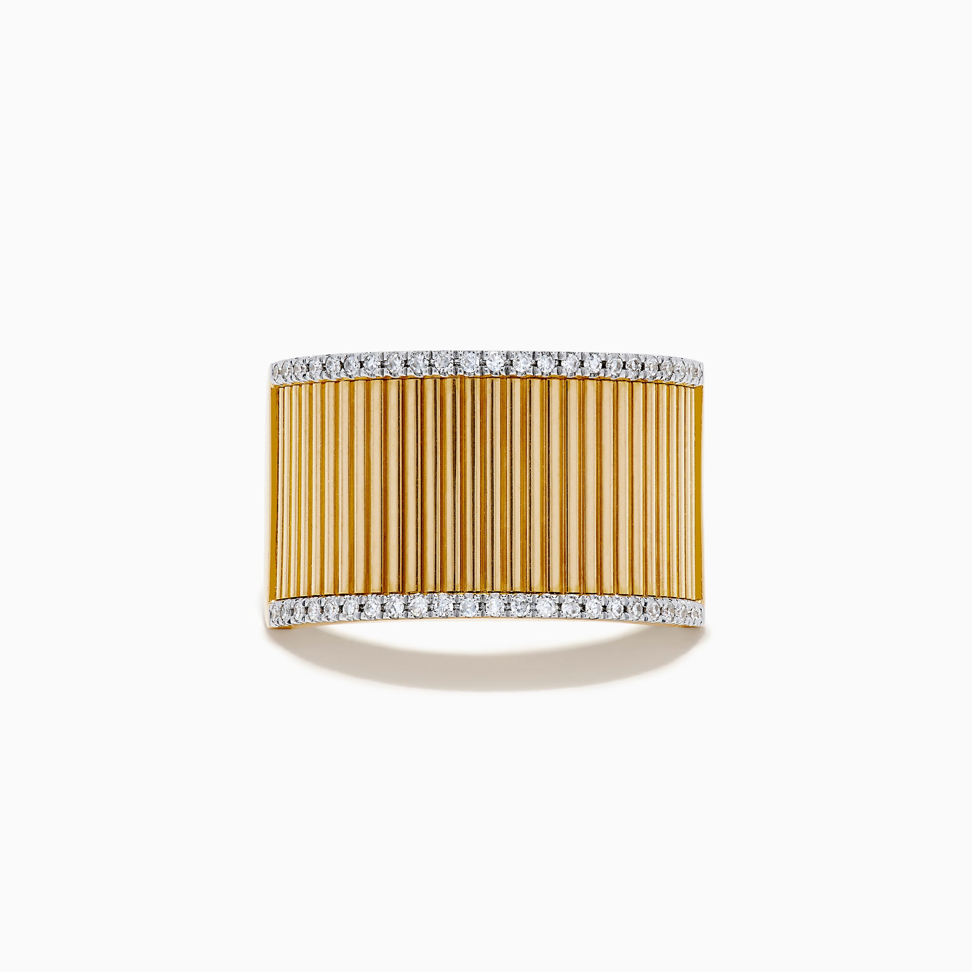The DOro 14K Yellow Gold Diamond Wide Band Ring showcases vertical ridges and rows of sparkling diamonds adorning its top and bottom edges.