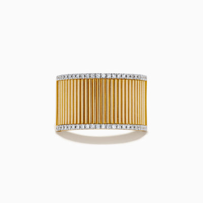 The DOro 14K Yellow Gold Diamond Wide Band Ring showcases vertical ridges and rows of sparkling diamonds adorning its top and bottom edges.