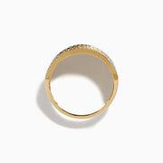 The DOro 14K Yellow Gold Diamond Wide Band Ring showcases vertical ridges and rows of sparkling diamonds adorning its top and bottom edges.