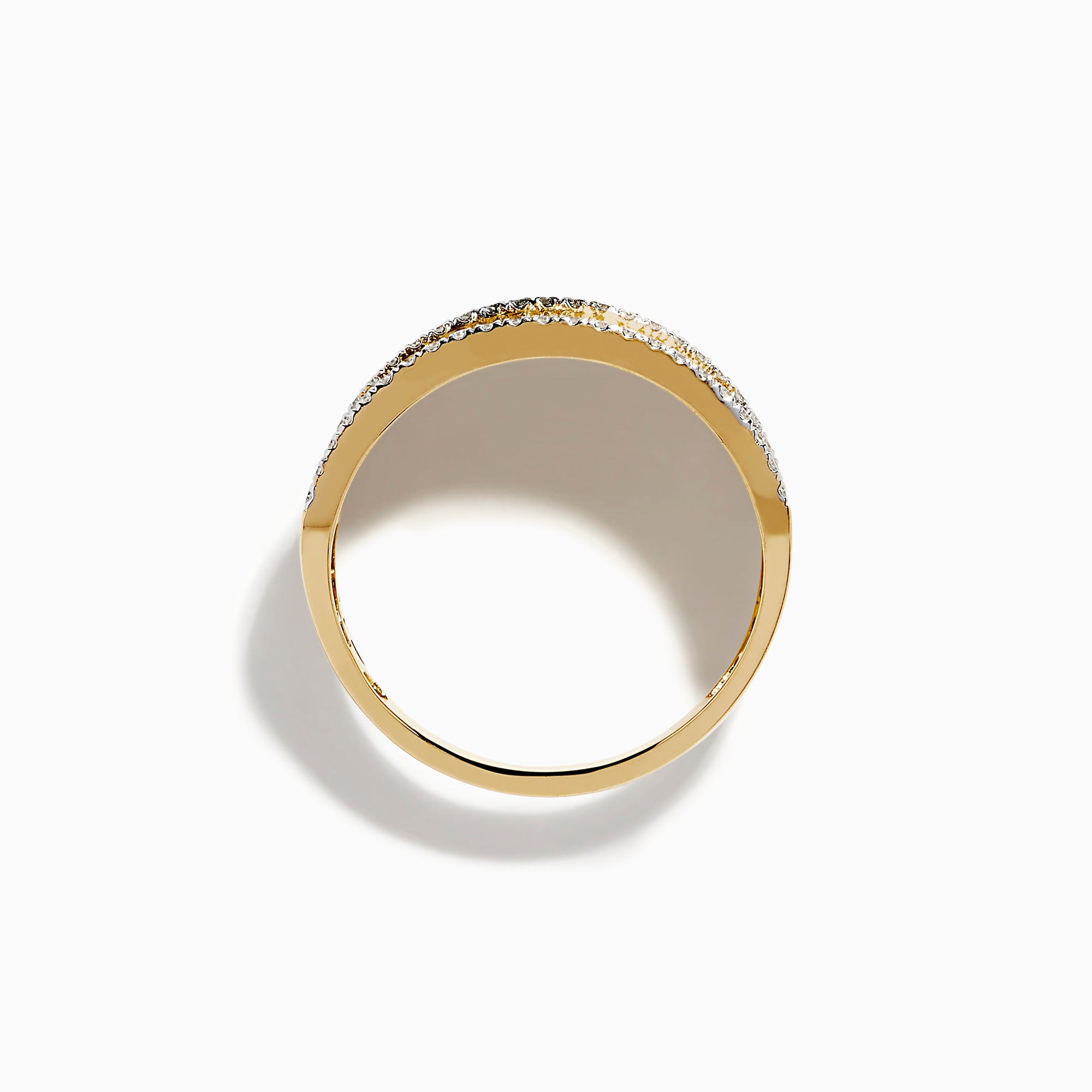 The DOro 14K Yellow Gold Diamond Wide Band Ring showcases vertical ridges and rows of sparkling diamonds adorning its top and bottom edges.