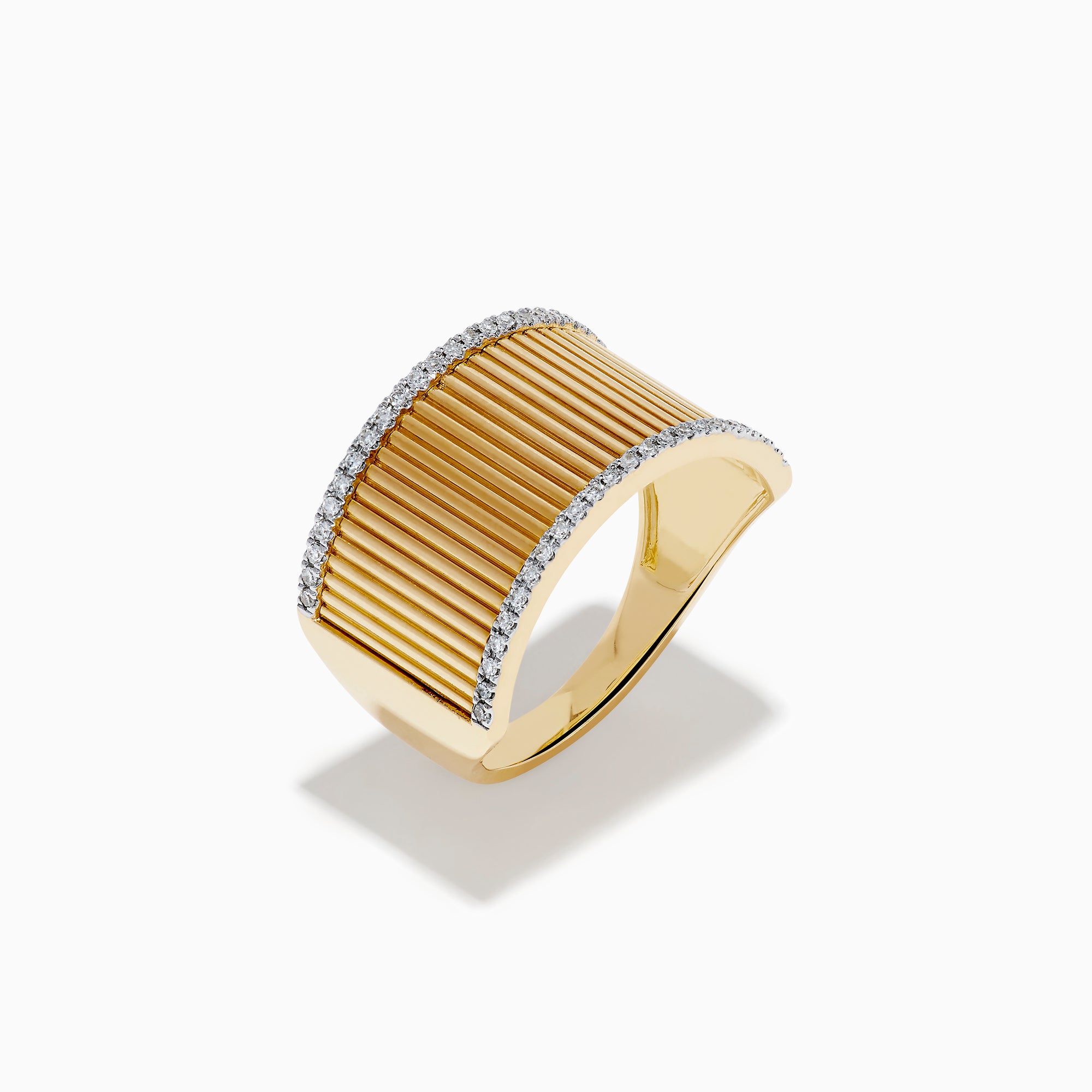 The DOro 14K Yellow Gold Diamond Wide Band Ring showcases vertical ridges and rows of sparkling diamonds adorning its top and bottom edges.