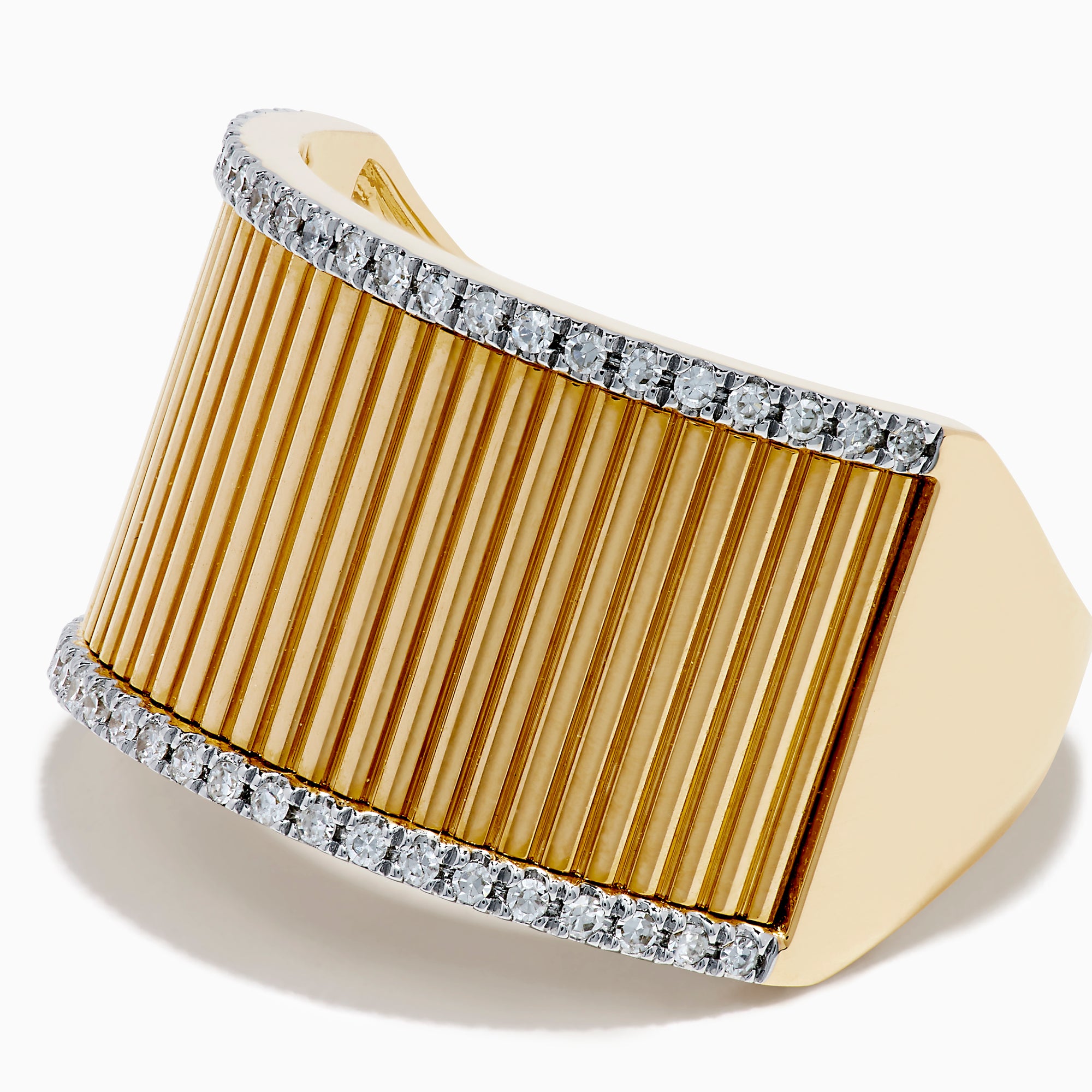 The DOro 14K Yellow Gold Diamond Wide Band Ring showcases vertical ridges and rows of sparkling diamonds adorning its top and bottom edges.