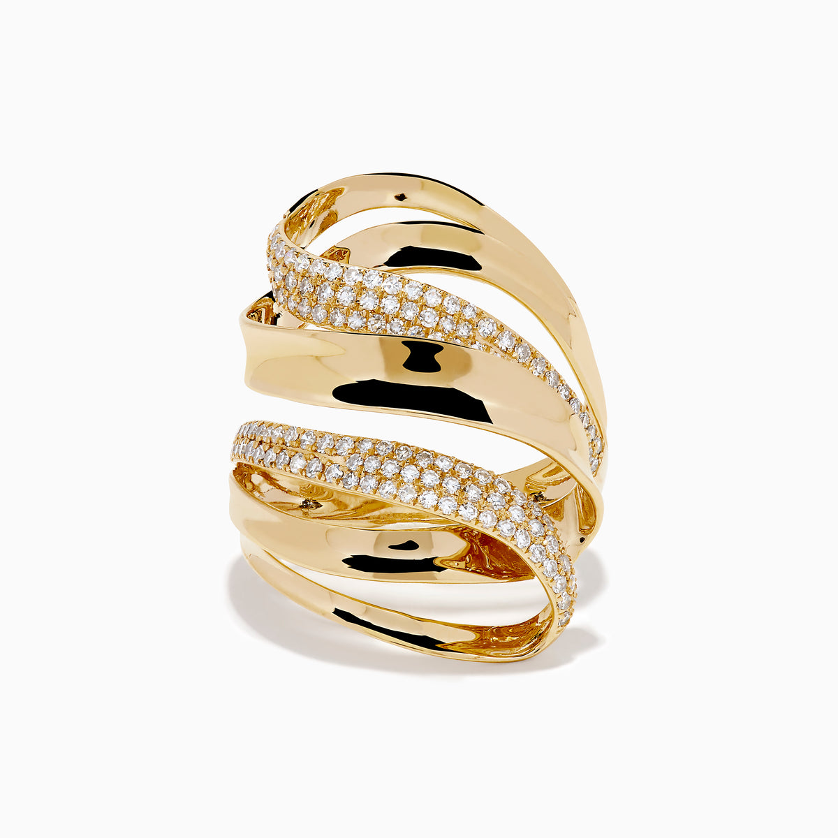 The 14K Yellow Gold Diamond Sculptural Ribbon Statement Ring features overlapping polished and diamond-encrusted bands, creating a dazzling, sculptural look.
