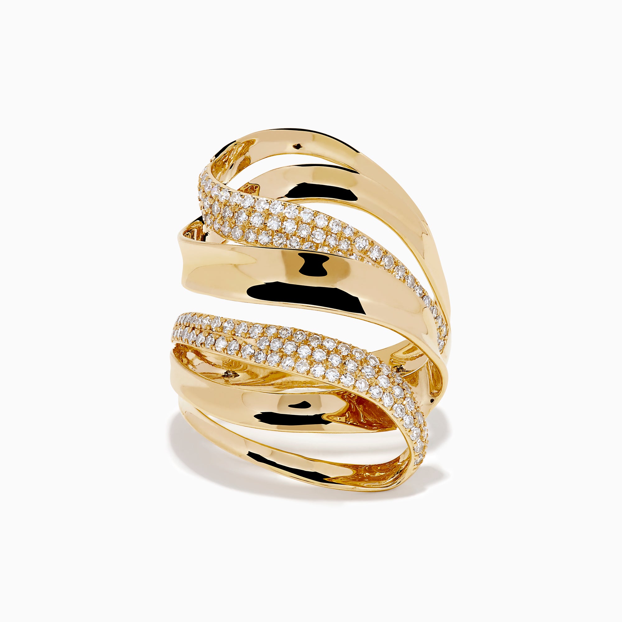 The 14K Yellow Gold Diamond Sculptural Ribbon Statement Ring features overlapping polished and diamond-encrusted bands, creating a dazzling, sculptural look.