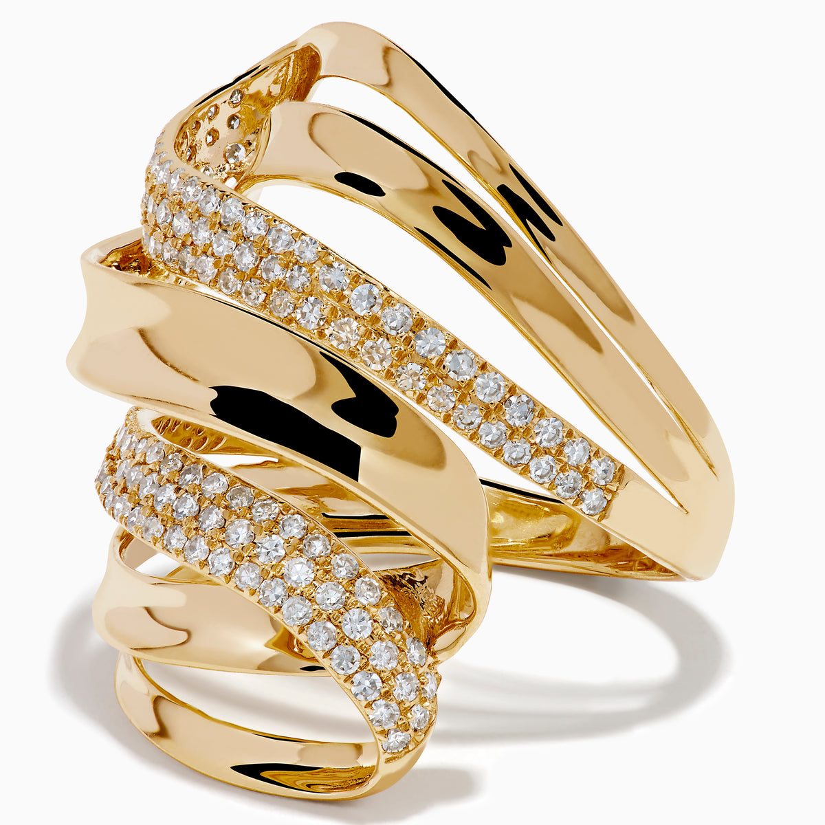 The 14K Yellow Gold Diamond Sculptural Ribbon Statement Ring features overlapping polished and diamond-encrusted bands, creating a dazzling, sculptural look.